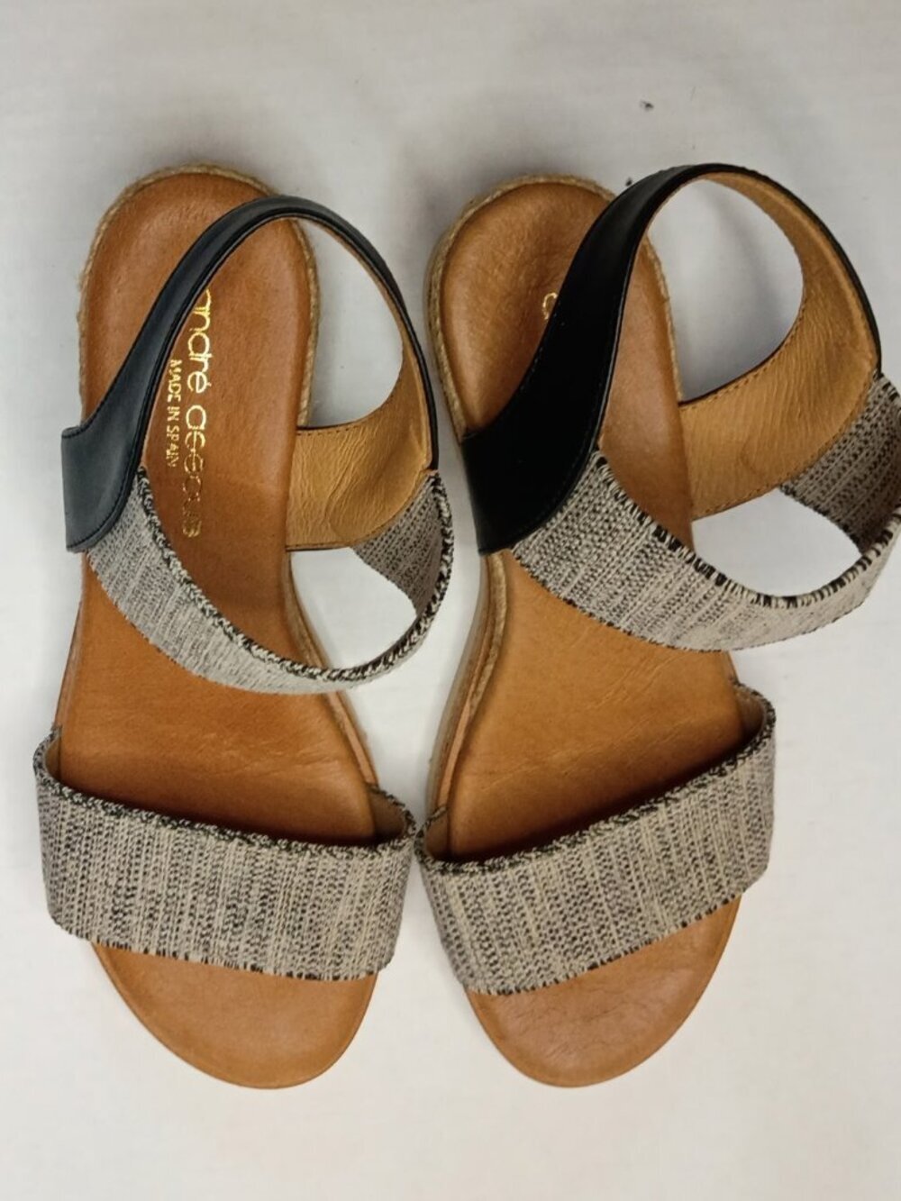 Andre Assous Neveah Black Linen Espadrille Wedge Sandals Size 6